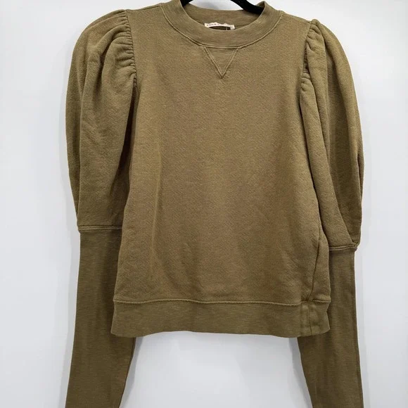 Ulla Johnson Sweatshirt Womens XS Green Puff Sleeve Terry Crewneck Pullover - Picture 2 of 11